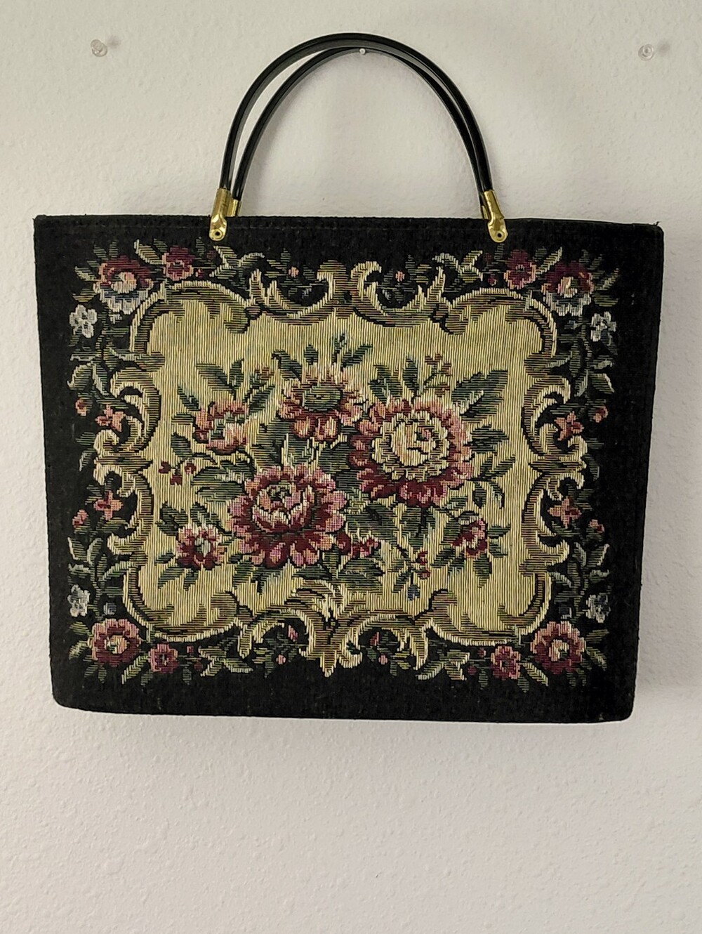 Vintage Floral Tapestry Top-Handle Purse - Dark Gray and Cream